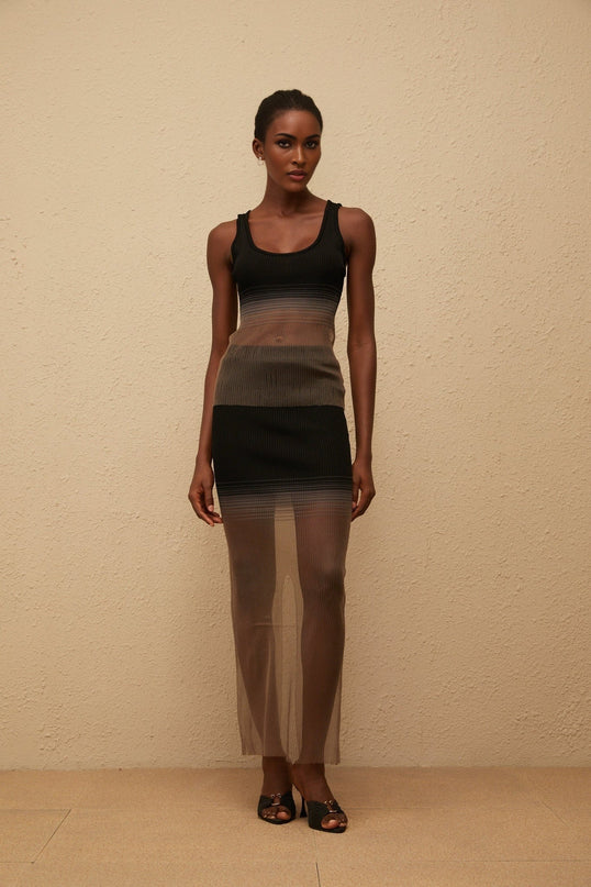 Jane wearing Soie Black Semi Sheer Ribbed Knit Matching Set