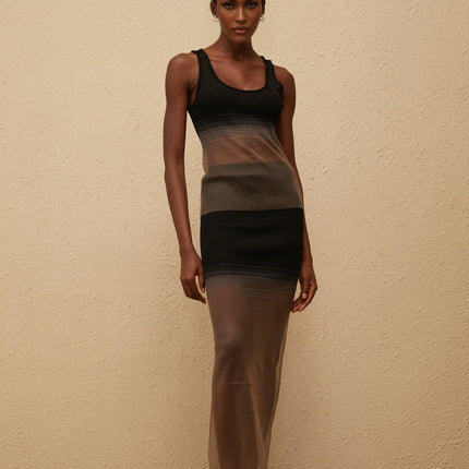 Women's Soie Black Semi Sheer Ribbed Knit Matching Set Sleeveless Top and Maxi Skirt