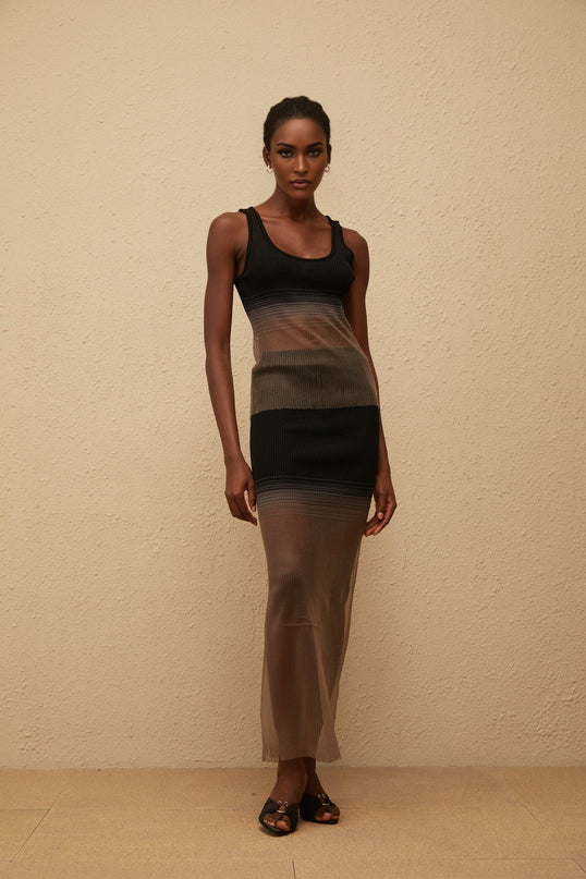 Women's Soie Black Semi Sheer Ribbed Knit Matching Set Sleeveless Top and Maxi Skirt