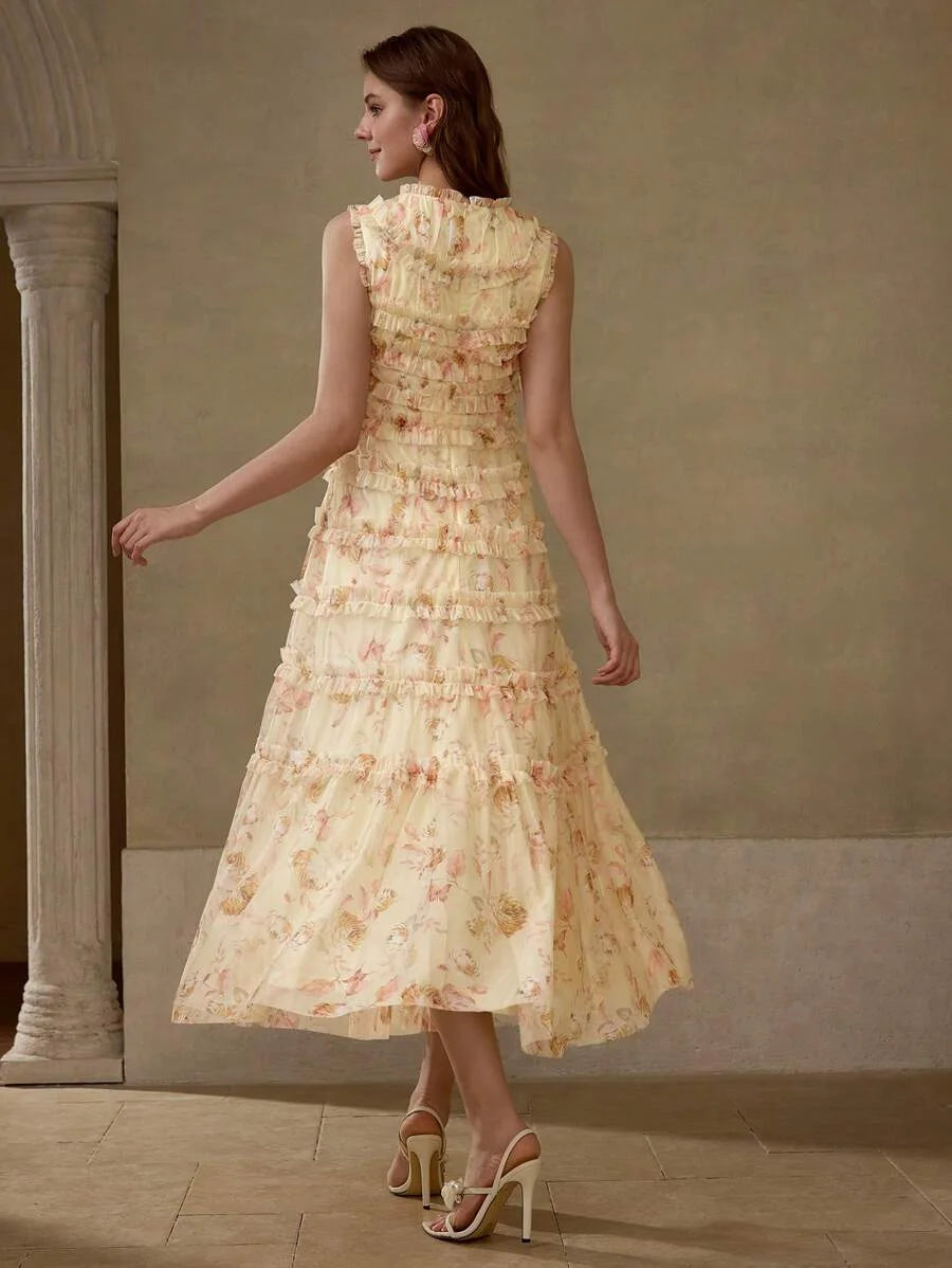 Soiréza ALLOVER FLORAL PRINT MESH OVERLAY LAYERED FRILL TRIM COCKTAIL DRESS