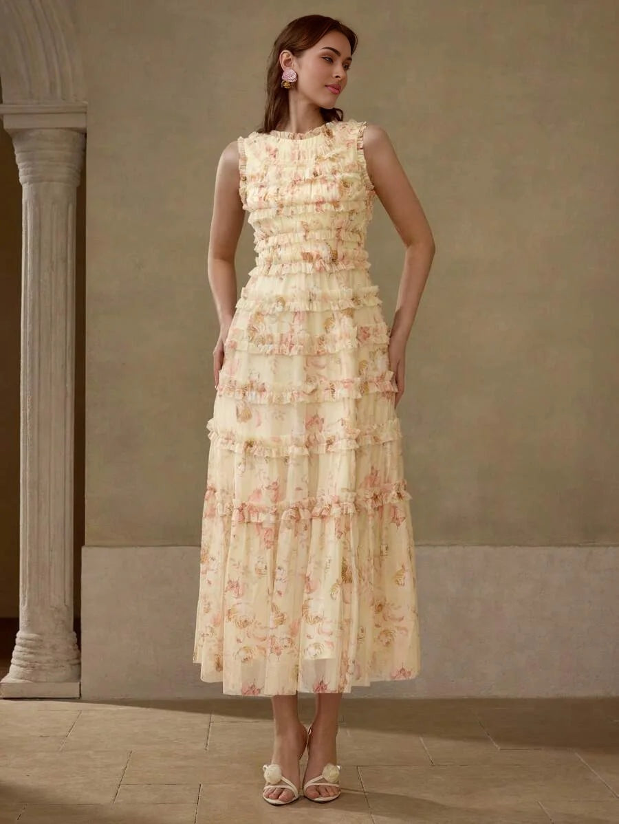 Soiréza ALLOVER FLORAL PRINT MESH OVERLAY LAYERED FRILL TRIM COCKTAIL DRESS