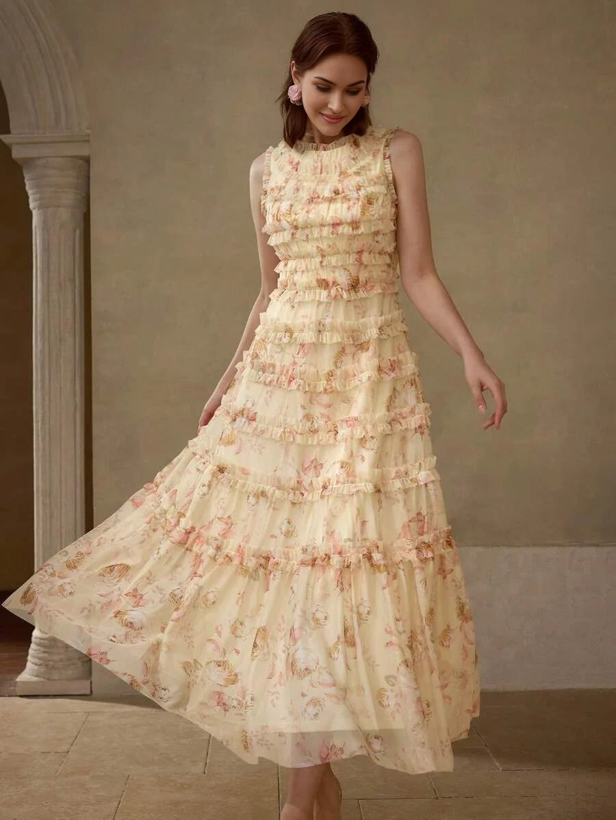 Soiréza ALLOVER FLORAL PRINT MESH OVERLAY LAYERED FRILL TRIM COCKTAIL DRESS