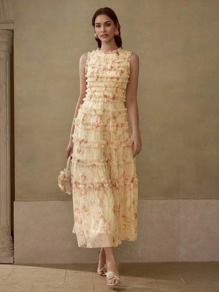 Soiréza ALLOVER FLORAL PRINT MESH OVERLAY LAYERED FRILL TRIM COCKTAIL DRESS