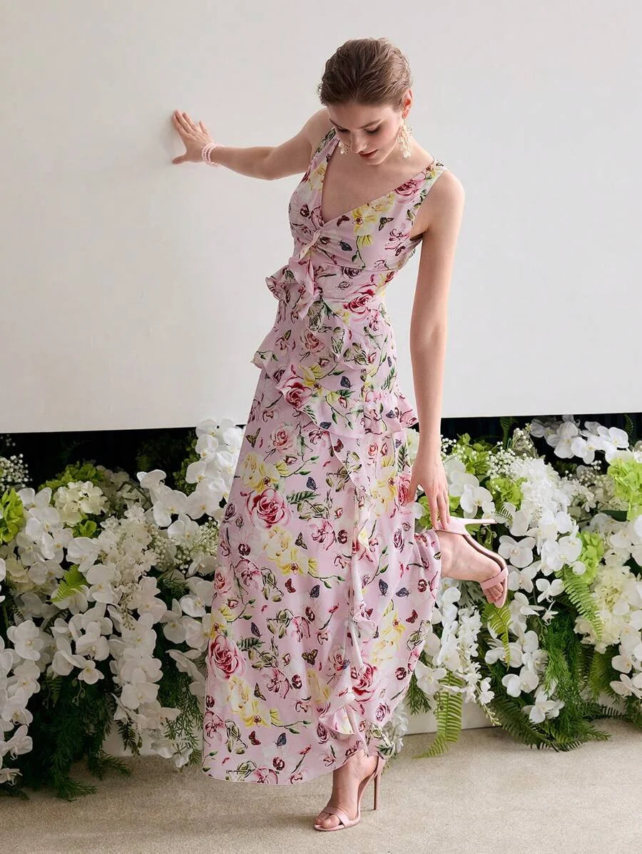 Soiréza ALLOVER FLORAL PRINT RUFFLED TRIM ROMANTIC DRESS