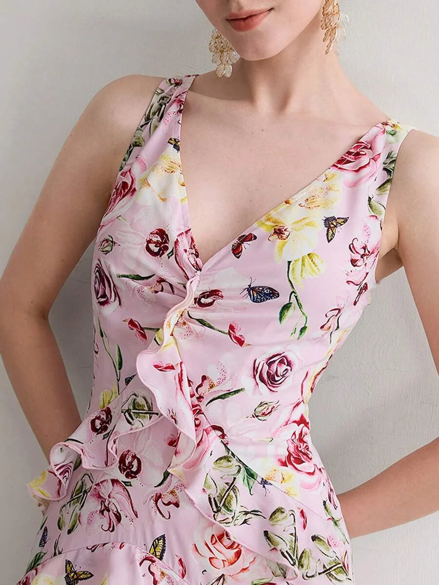 Soiréza ALLOVER FLORAL PRINT RUFFLED TRIM ROMANTIC DRESS