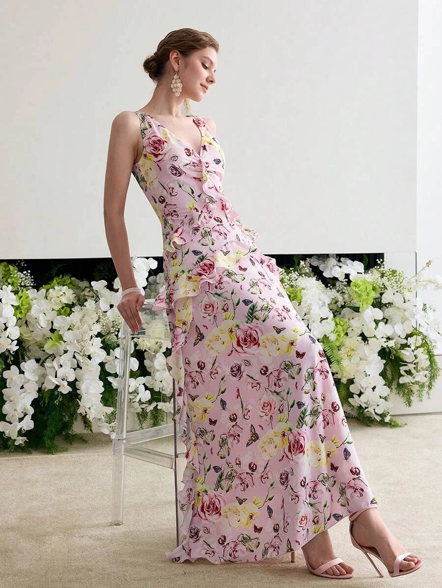 Soiréza ALLOVER FLORAL PRINT RUFFLED TRIM ROMANTIC DRESS