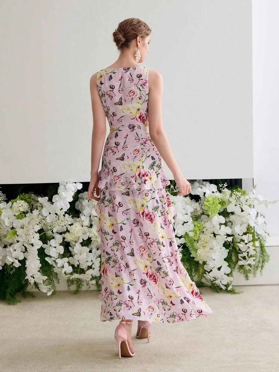Soiréza ALLOVER FLORAL PRINT RUFFLED TRIM ROMANTIC DRESS