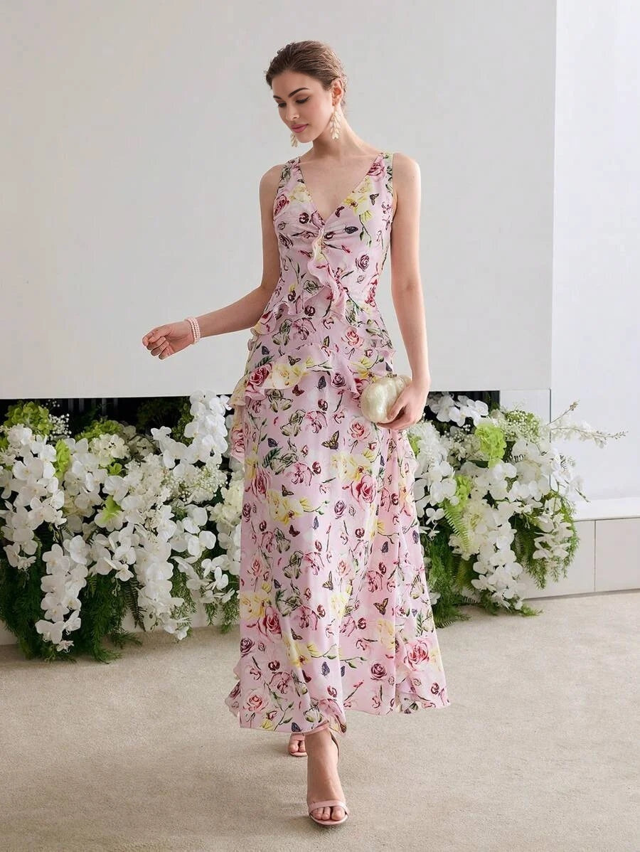 Soiréza ALLOVER FLORAL PRINT RUFFLED TRIM ROMANTIC DRESS