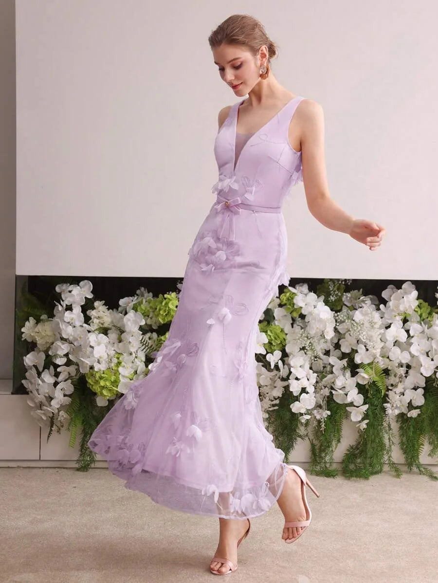 Soiréza APPLIQUES CONTRAST MESH MERMAID HEM COCKTAIL DRESS