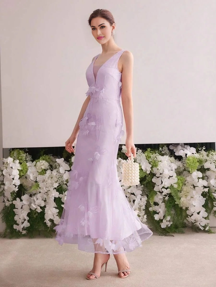 Soiréza APPLIQUES CONTRAST MESH MERMAID HEM COCKTAIL DRESS