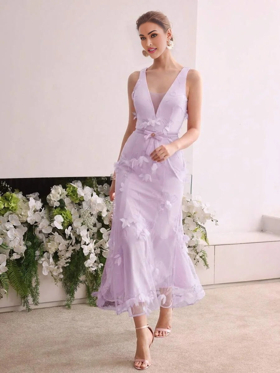 Soiréza APPLIQUES CONTRAST MESH MERMAID HEM COCKTAIL DRESS