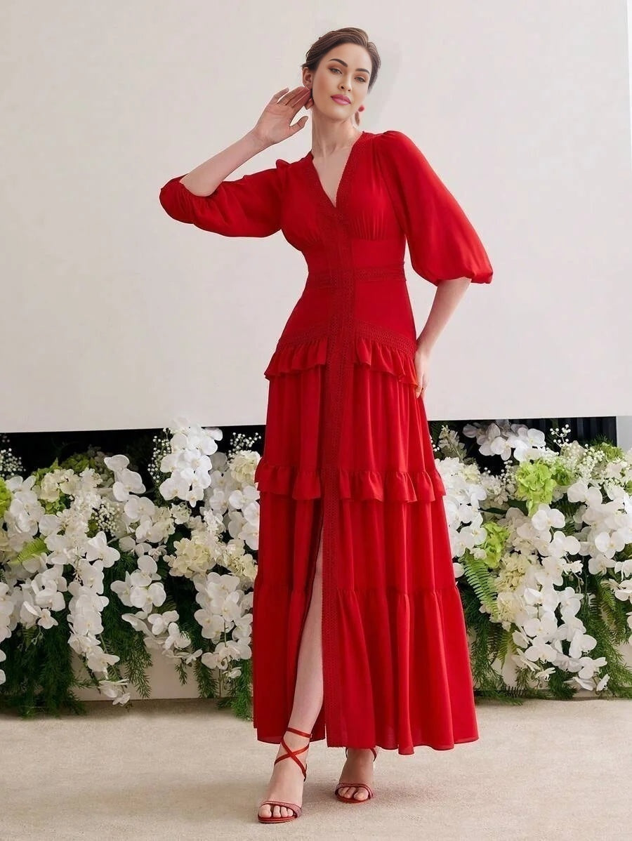 Soiréza CONTRAST GUIPURE LACE LANTERN SLEEVE DRESS