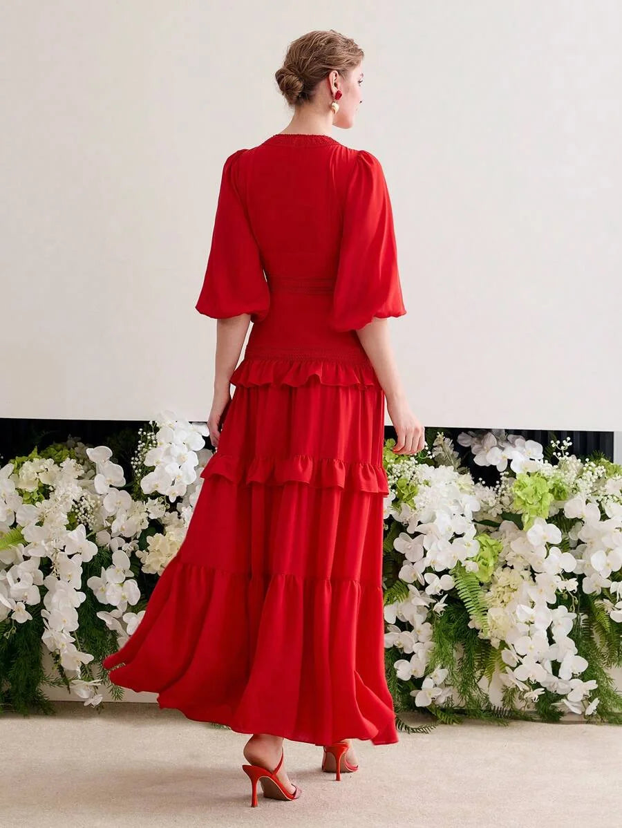 Soiréza CONTRAST GUIPURE LACE LANTERN SLEEVE DRESS