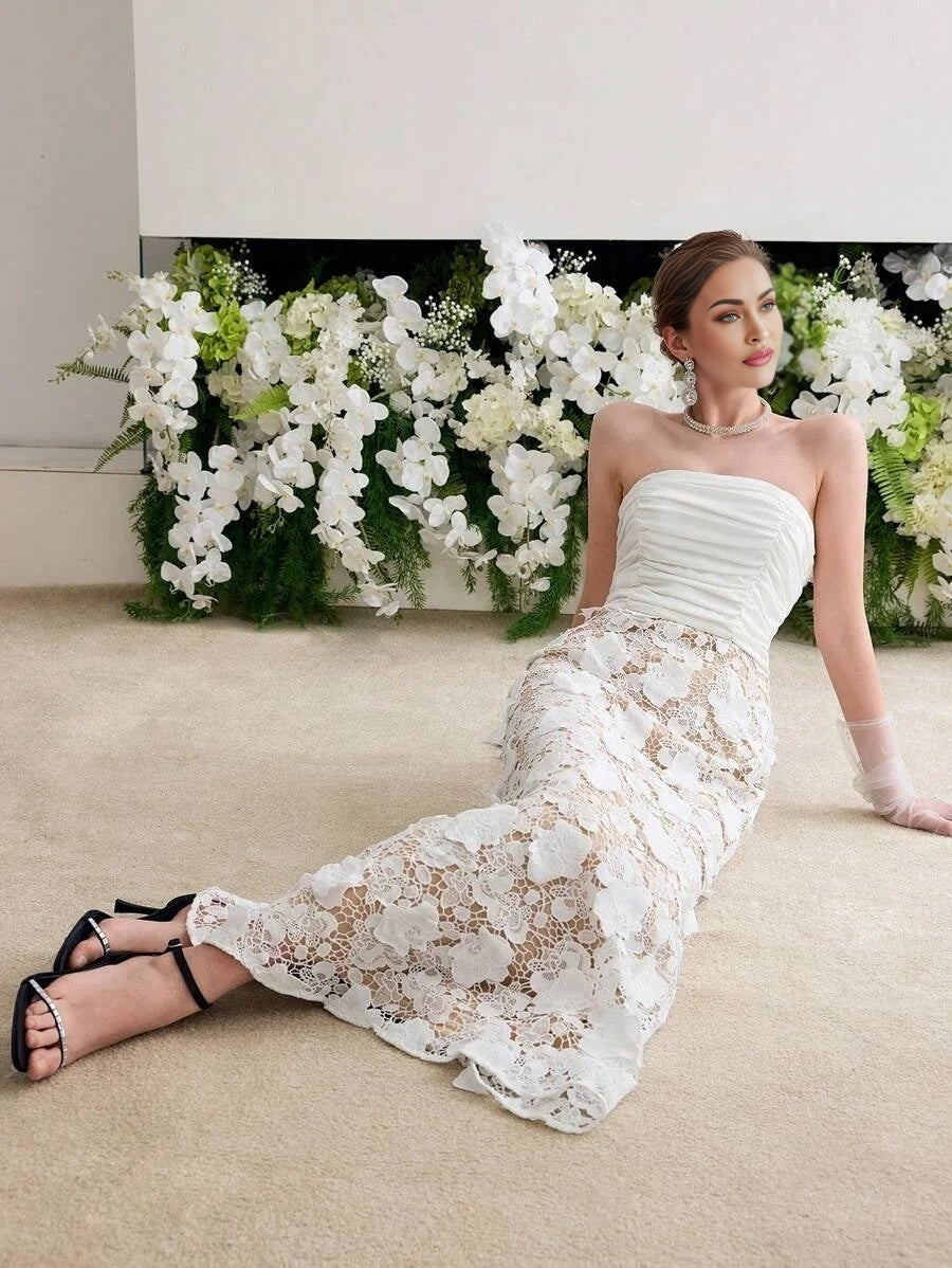 Soiréza CONTRAST GUIPURE LACE RUCHED COCKTAIL DRESS