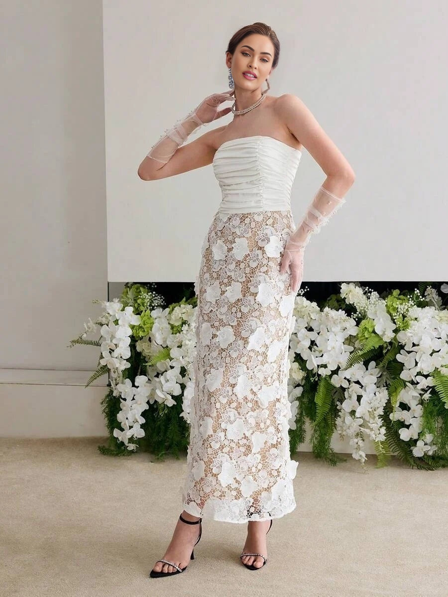 Soiréza CONTRAST GUIPURE LACE RUCHED COCKTAIL DRESS