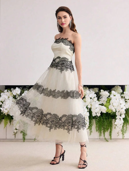 Soiréza CONTRAST LACE MESH TUBE DRESS