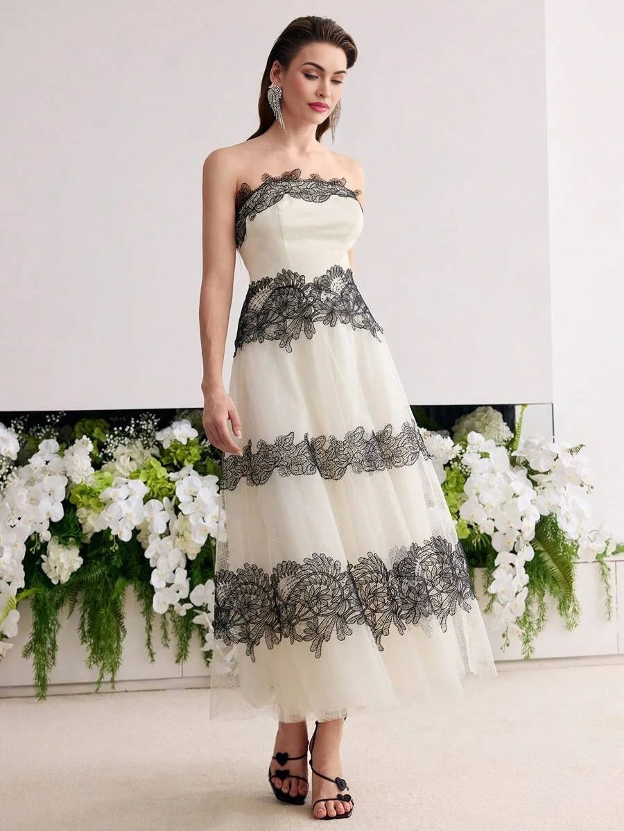 Soiréza CONTRAST LACE MESH TUBE DRESS