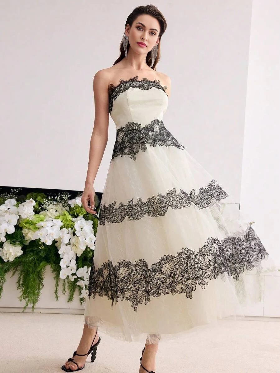 Soiréza CONTRAST LACE MESH TUBE DRESS