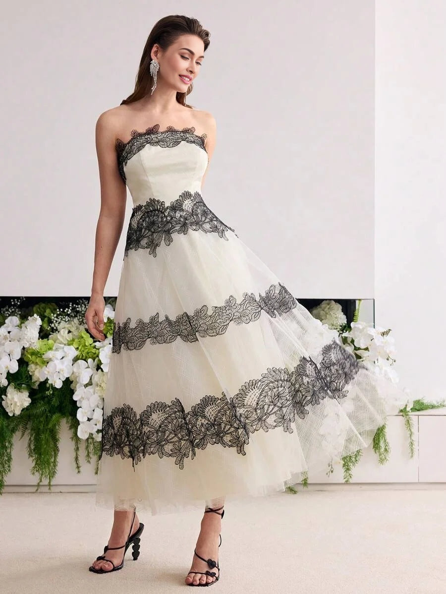 Soiréza CONTRAST LACE MESH TUBE DRESS