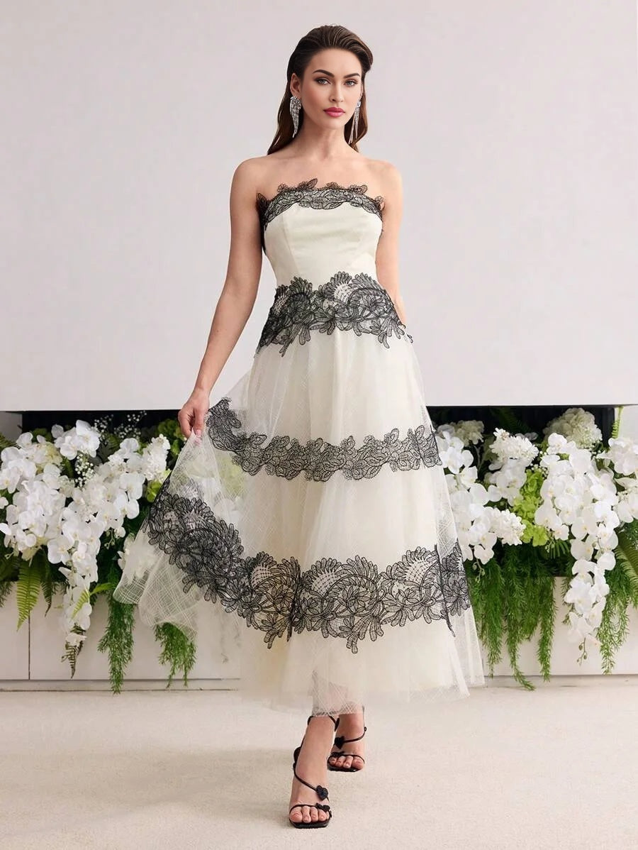 Soiréza CONTRAST LACE MESH TUBE DRESS