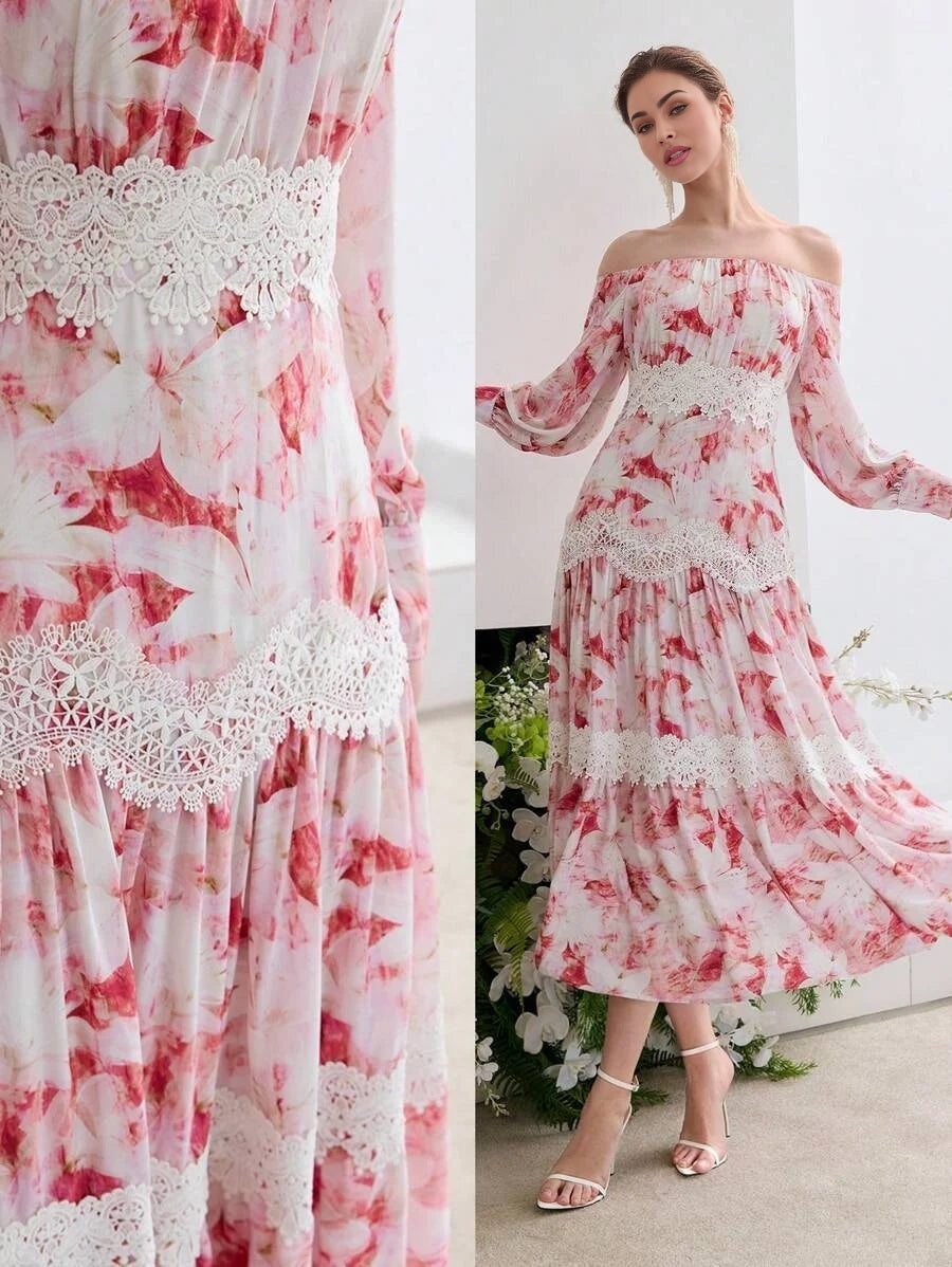 Soiréza CONTRAST LACE OFF SHOULDER DRESS