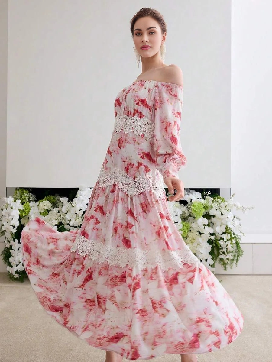 Soiréza CONTRAST LACE OFF SHOULDER DRESS