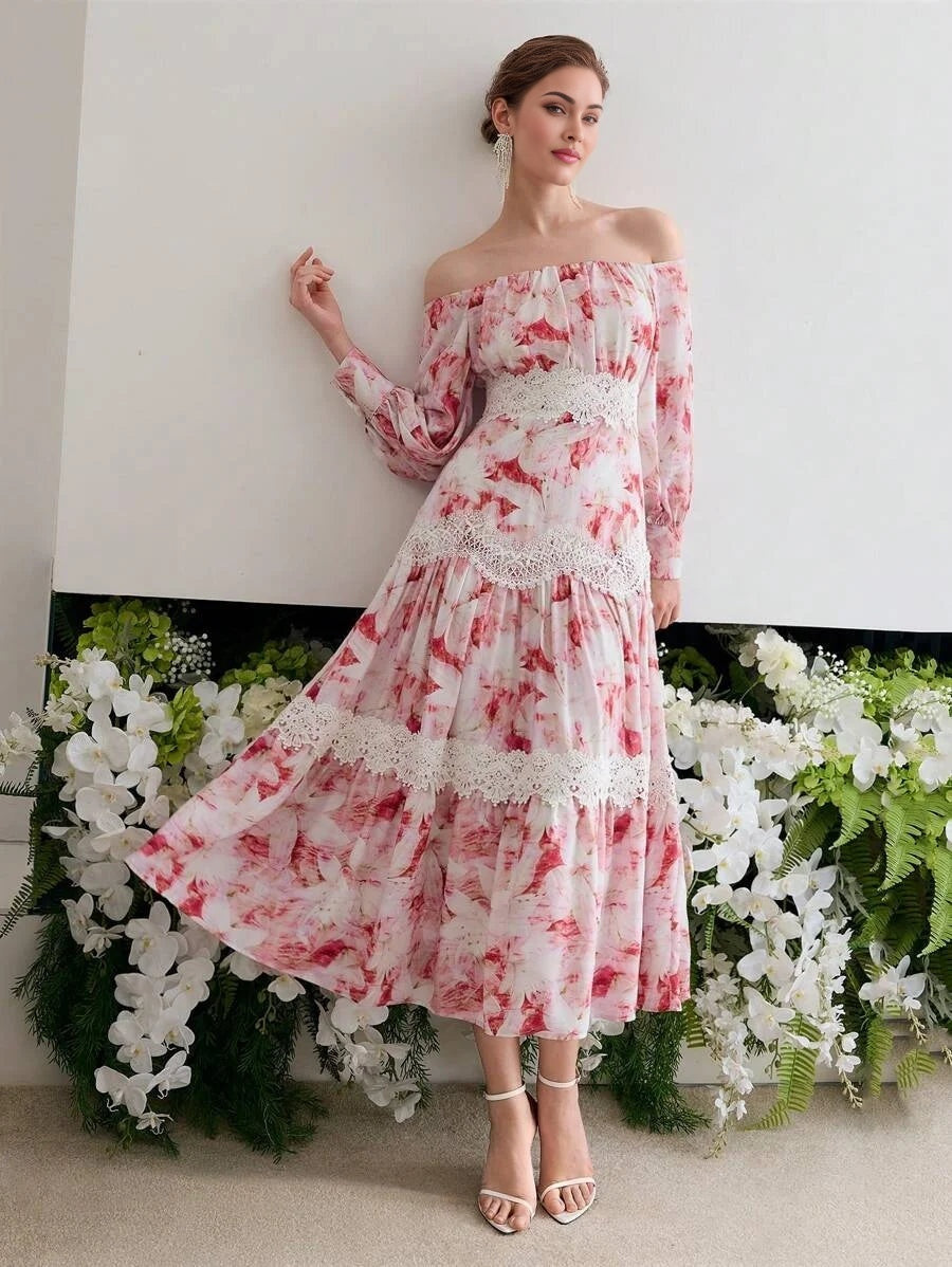 Soiréza CONTRAST LACE OFF SHOULDER DRESS