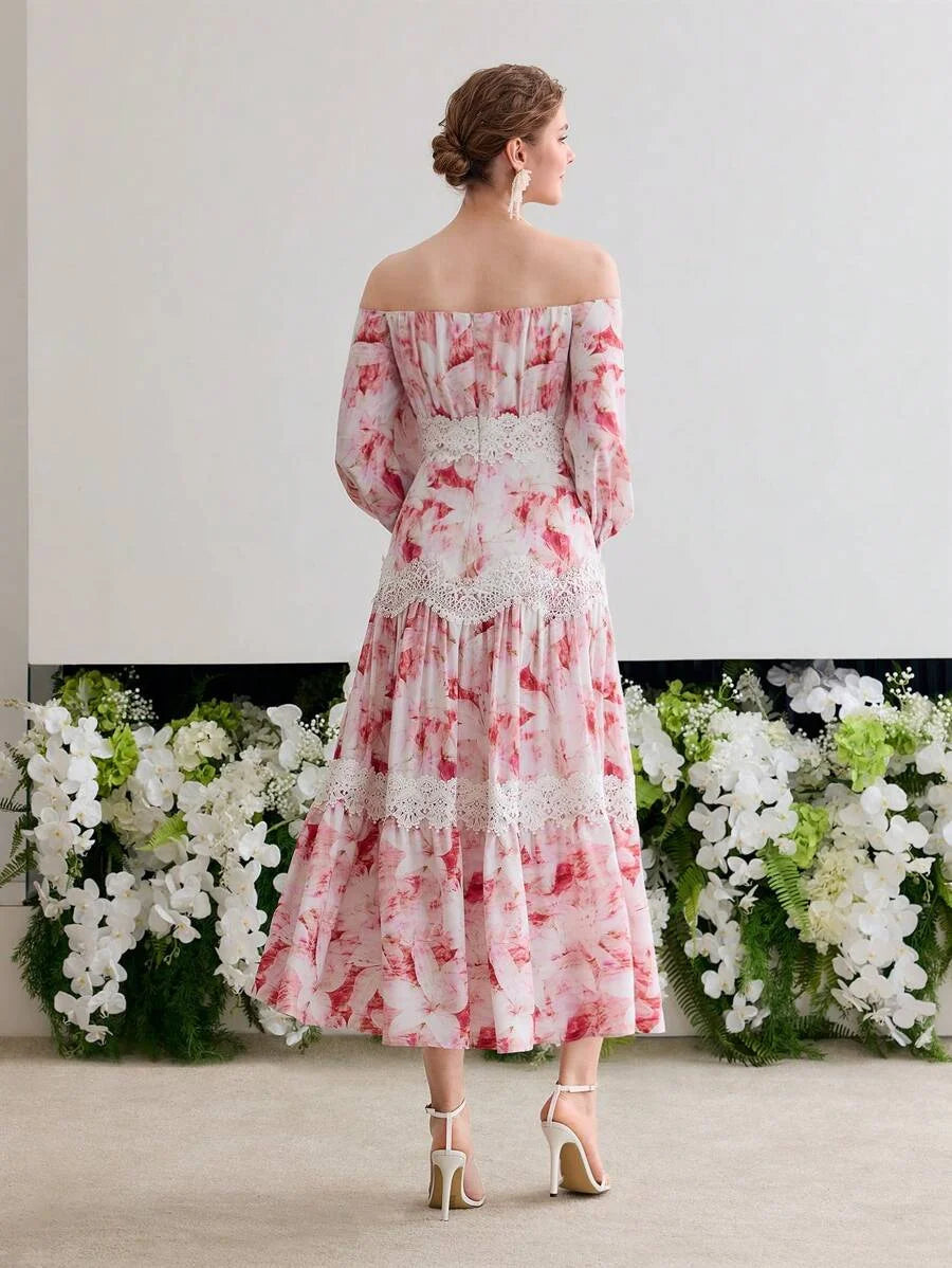 Soiréza CONTRAST LACE OFF SHOULDER DRESS