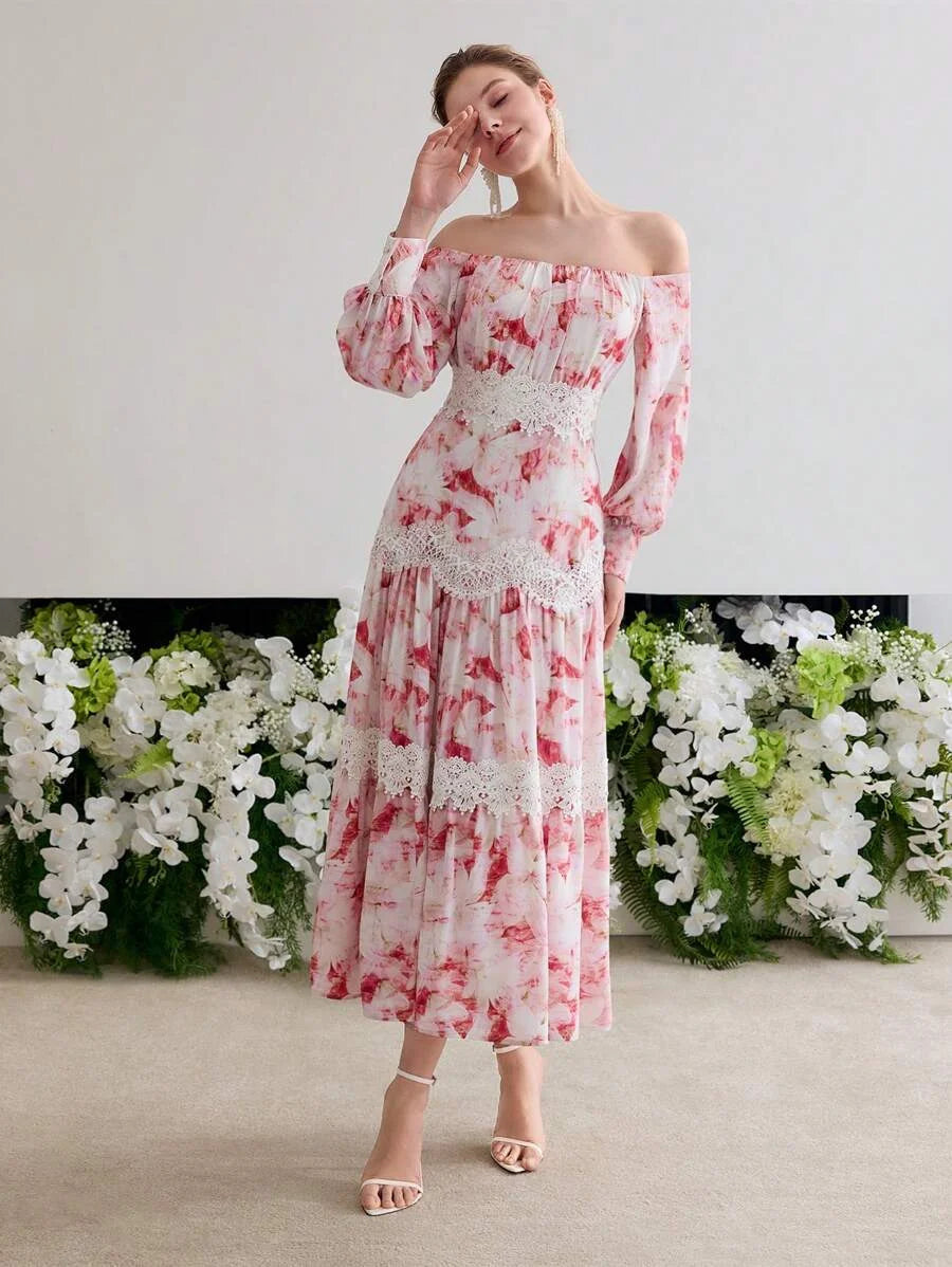 Soiréza CONTRAST LACE OFF SHOULDER DRESS