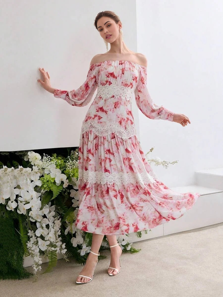 Soiréza CONTRAST LACE OFF SHOULDER DRESS