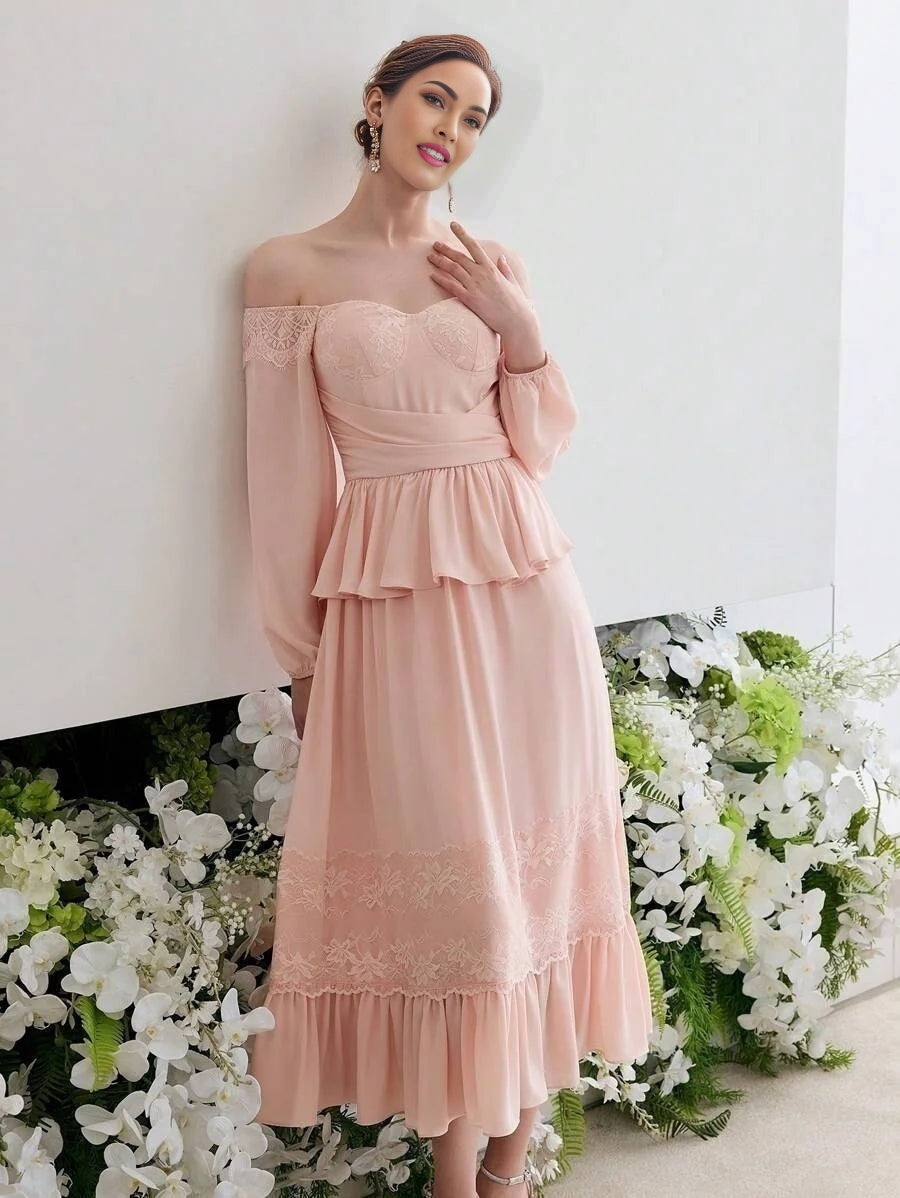 Soiréza CONTRAST LACE RUFFLE MIDCALF COCKTAIL DRESS