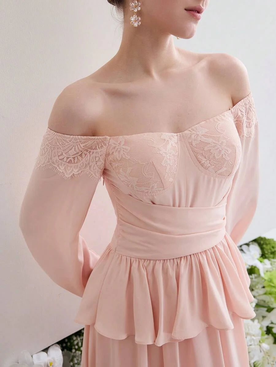 Soiréza CONTRAST LACE RUFFLE MIDCALF COCKTAIL DRESS