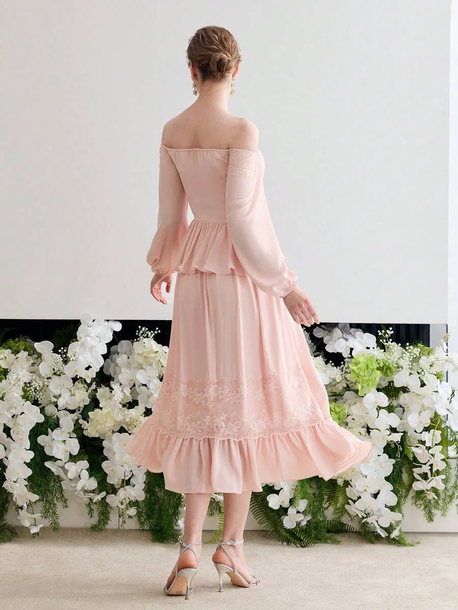 Soiréza CONTRAST LACE RUFFLE MIDCALF COCKTAIL DRESS