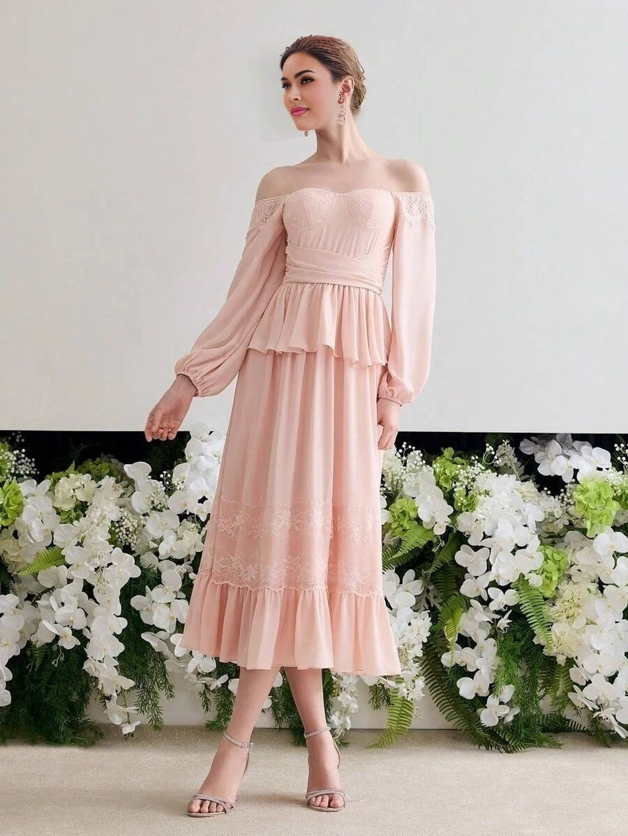 Soiréza CONTRAST LACE RUFFLE MIDCALF COCKTAIL DRESS