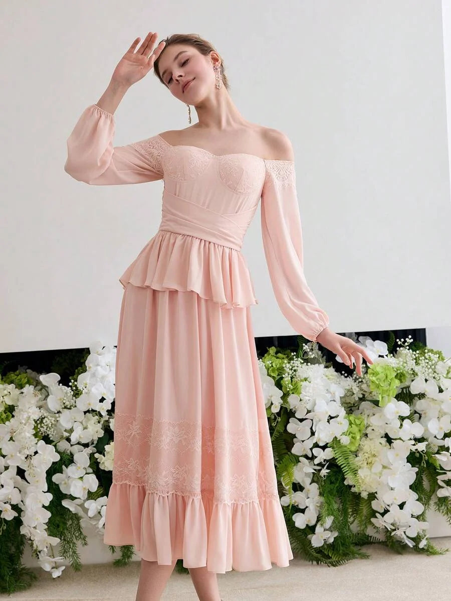 Soiréza CONTRAST LACE RUFFLE MIDCALF COCKTAIL DRESS