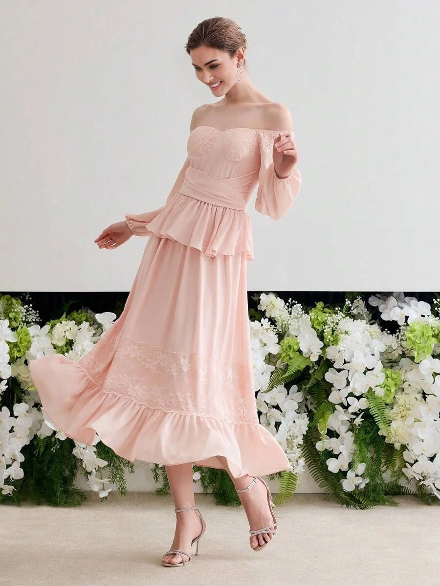 Soiréza CONTRAST LACE RUFFLE MIDCALF COCKTAIL DRESS