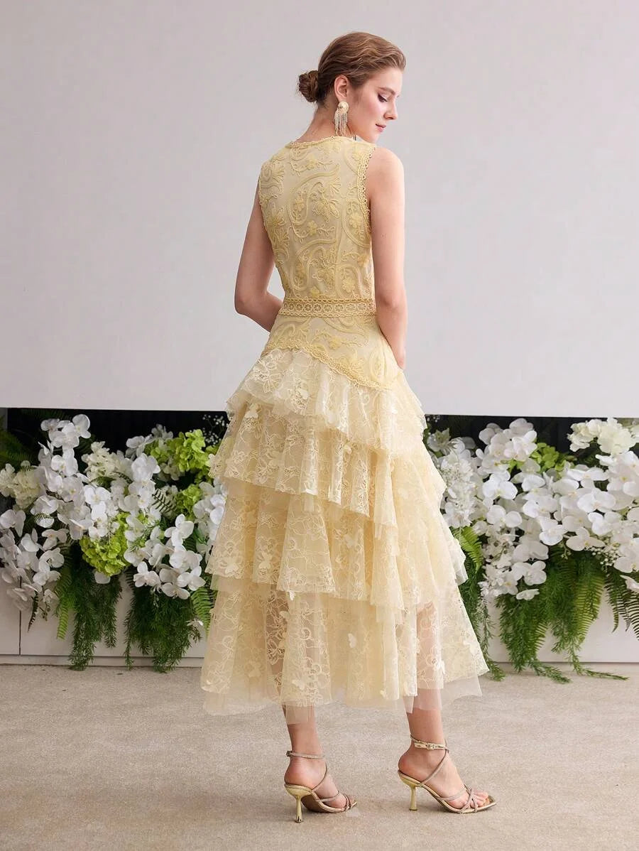 Soiréza CONTRAST MESH LACE LAYERED COCKTAIL DRESS