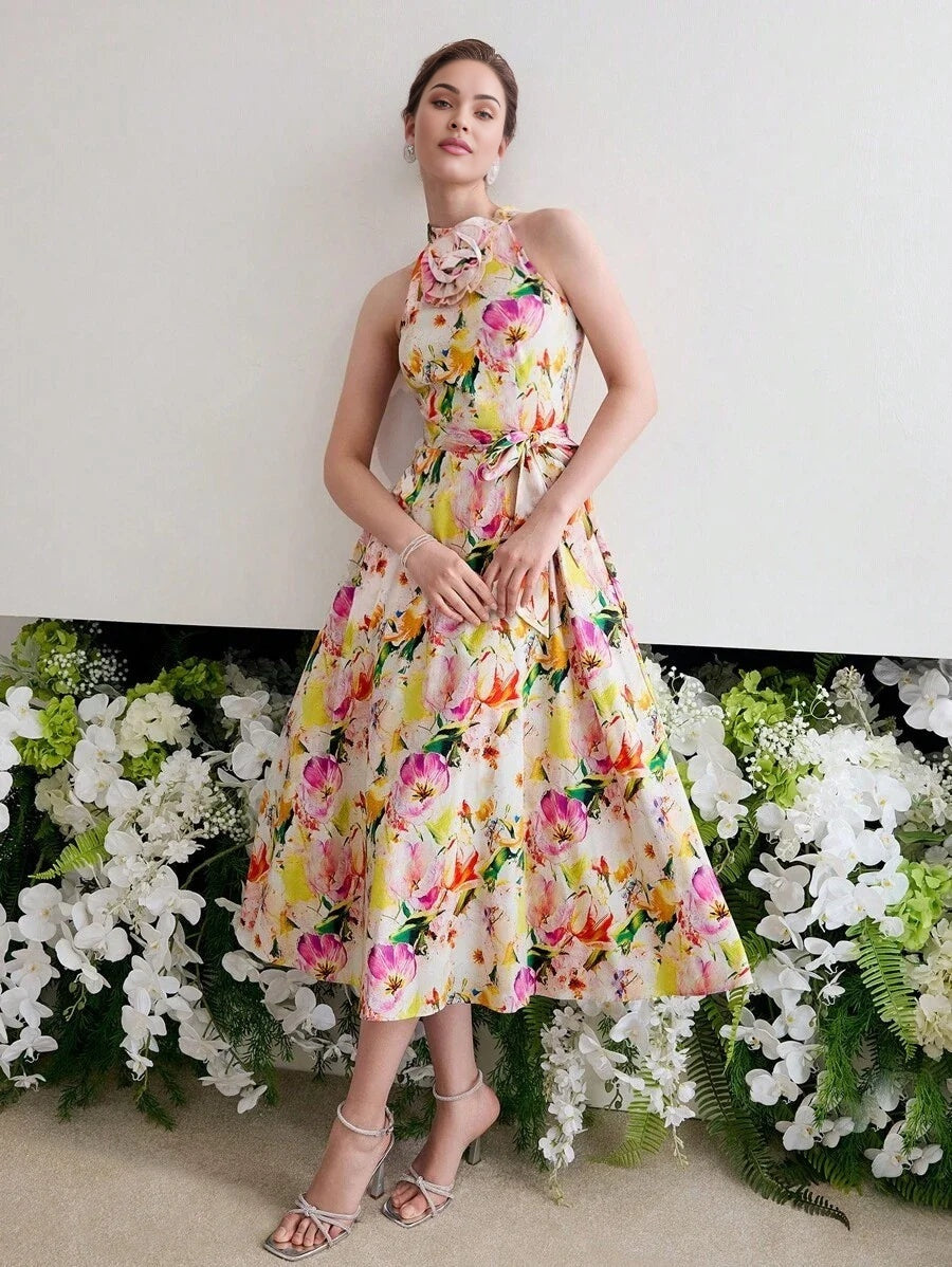 Soiréza FLORAL PRINT HALTER COCKTAIL DRESS