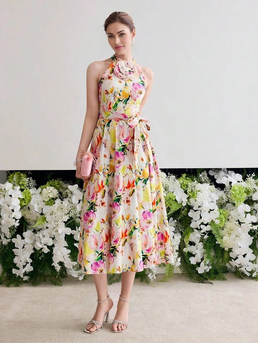 Soiréza FLORAL PRINT HALTER COCKTAIL DRESS