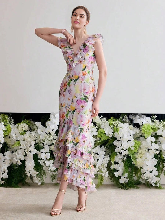 Soiréza FLORAL PRINT RUFFLE COCKTAIL DRESS