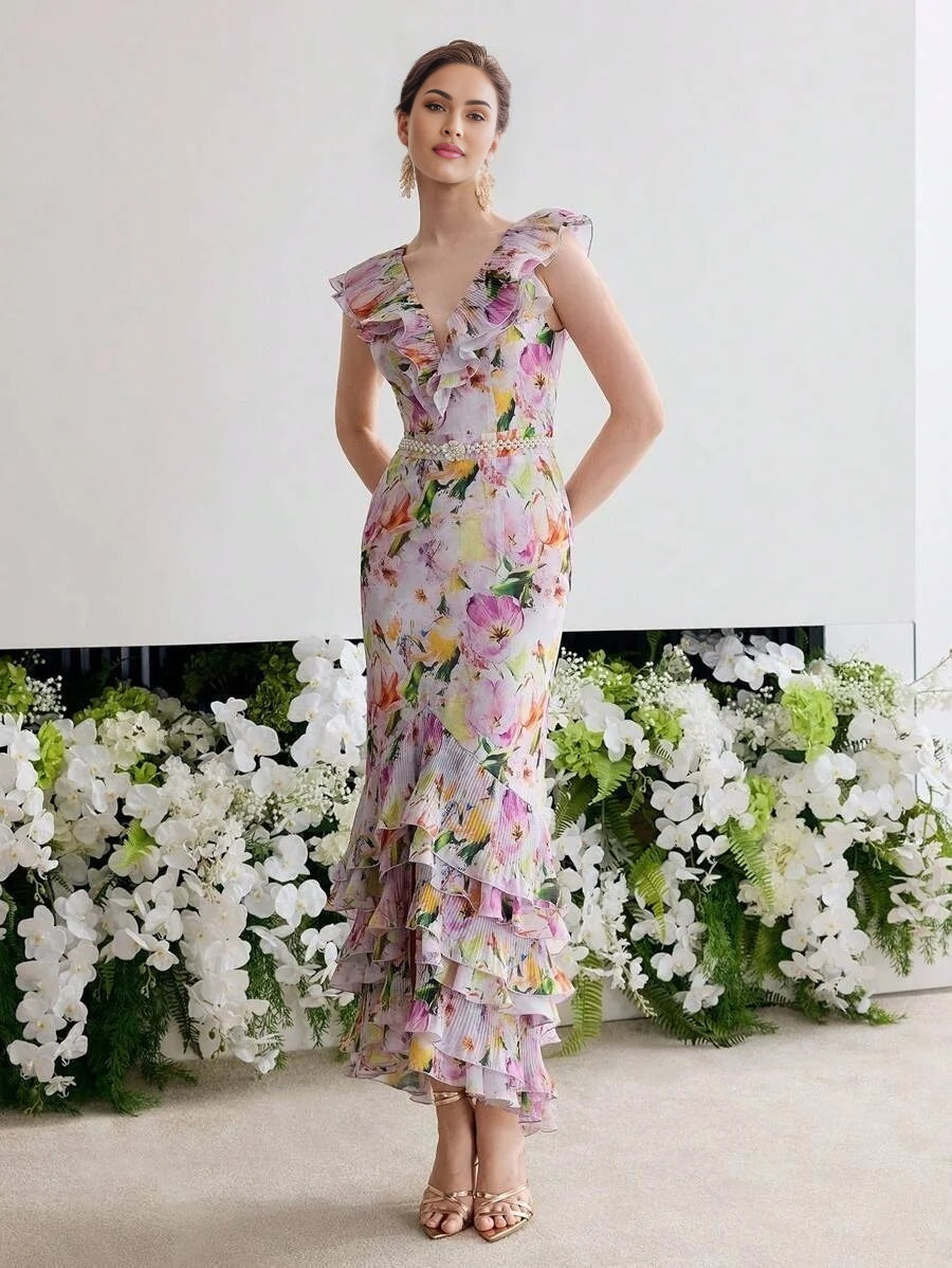 Soiréza FLORAL PRINT RUFFLE COCKTAIL DRESS
