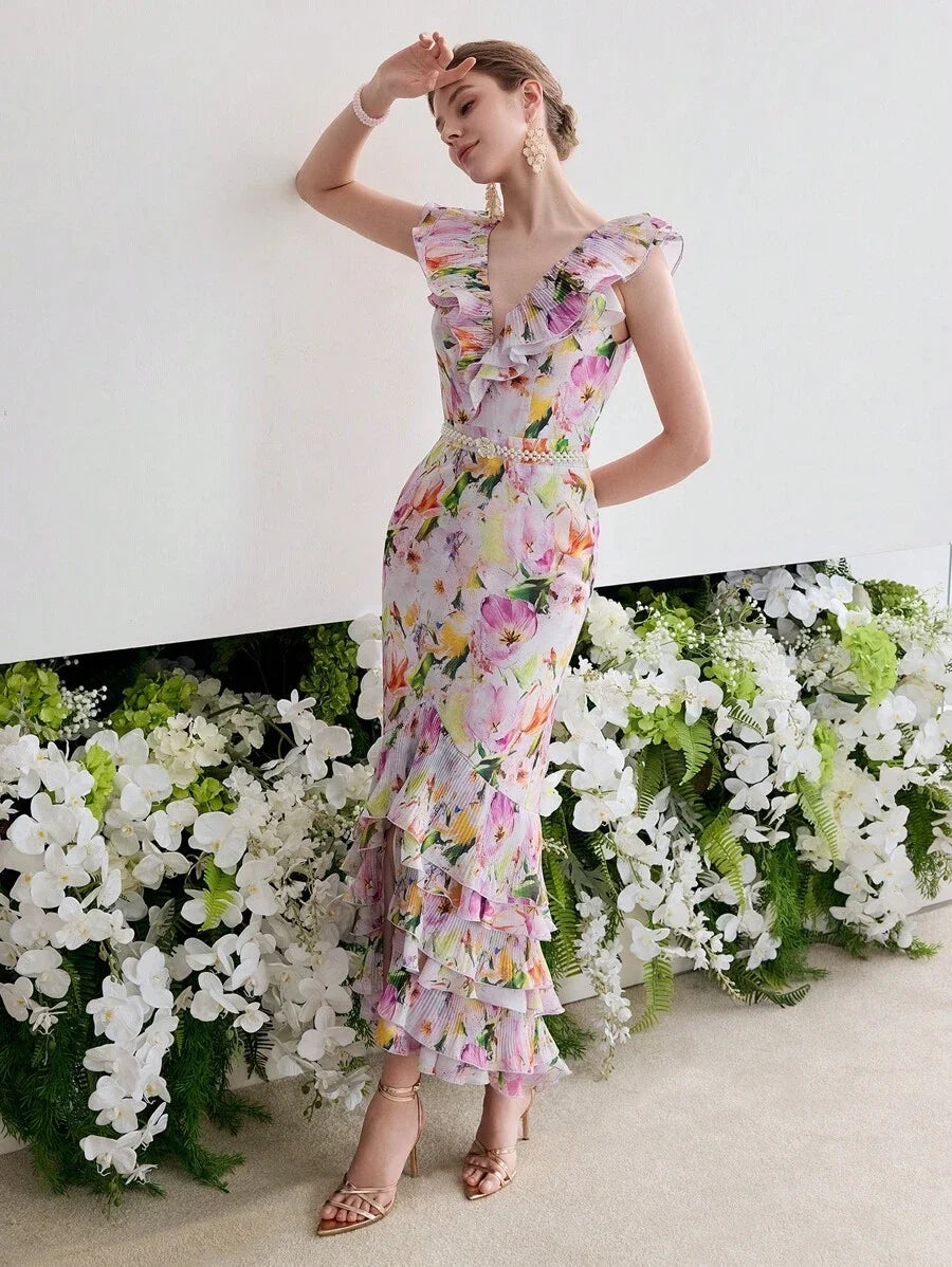 Soiréza FLORAL PRINT RUFFLE COCKTAIL DRESS