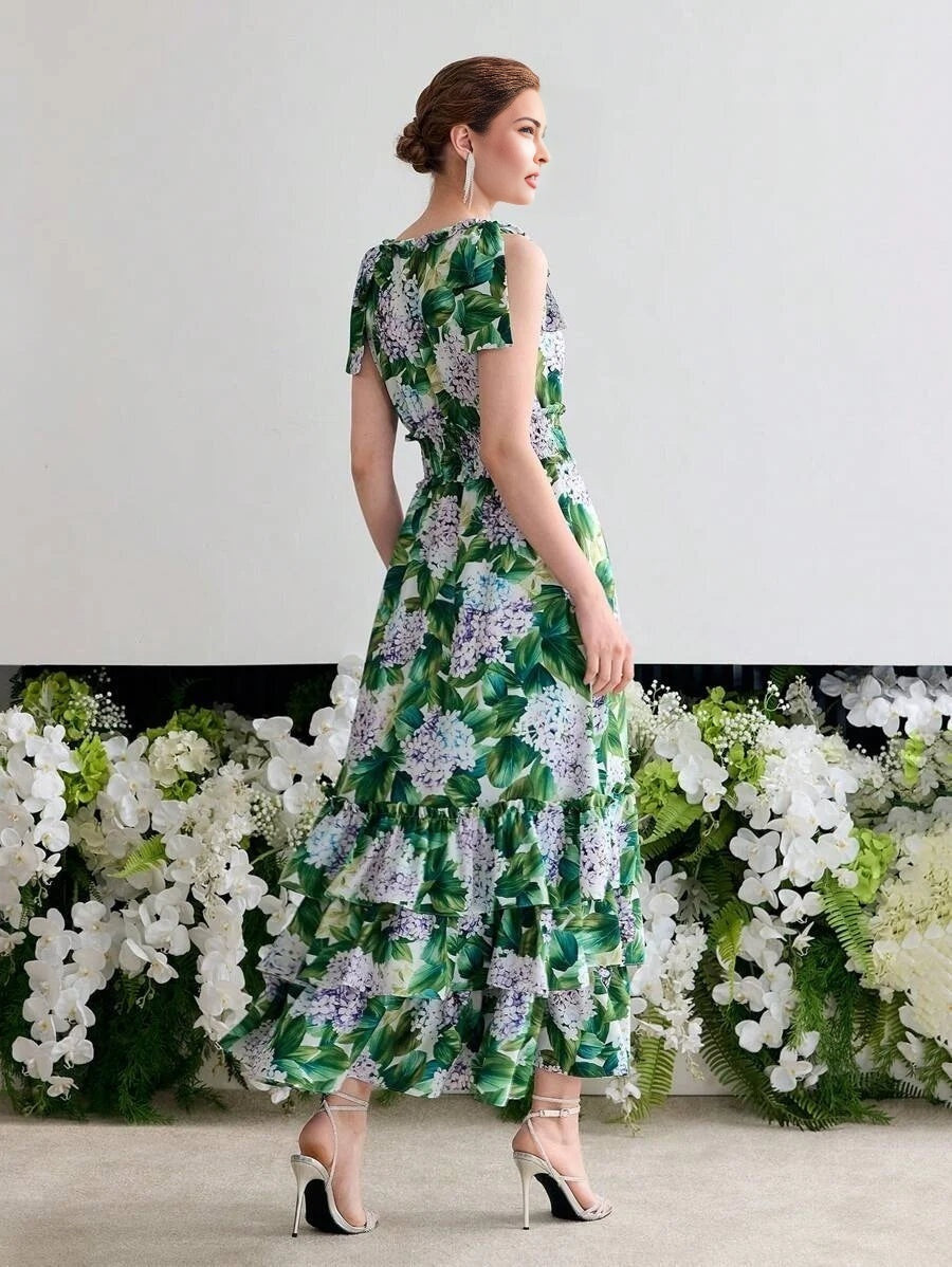 Soiréza FLORAL PRINT RUFFLE HEM COCKTAIL DRESS
