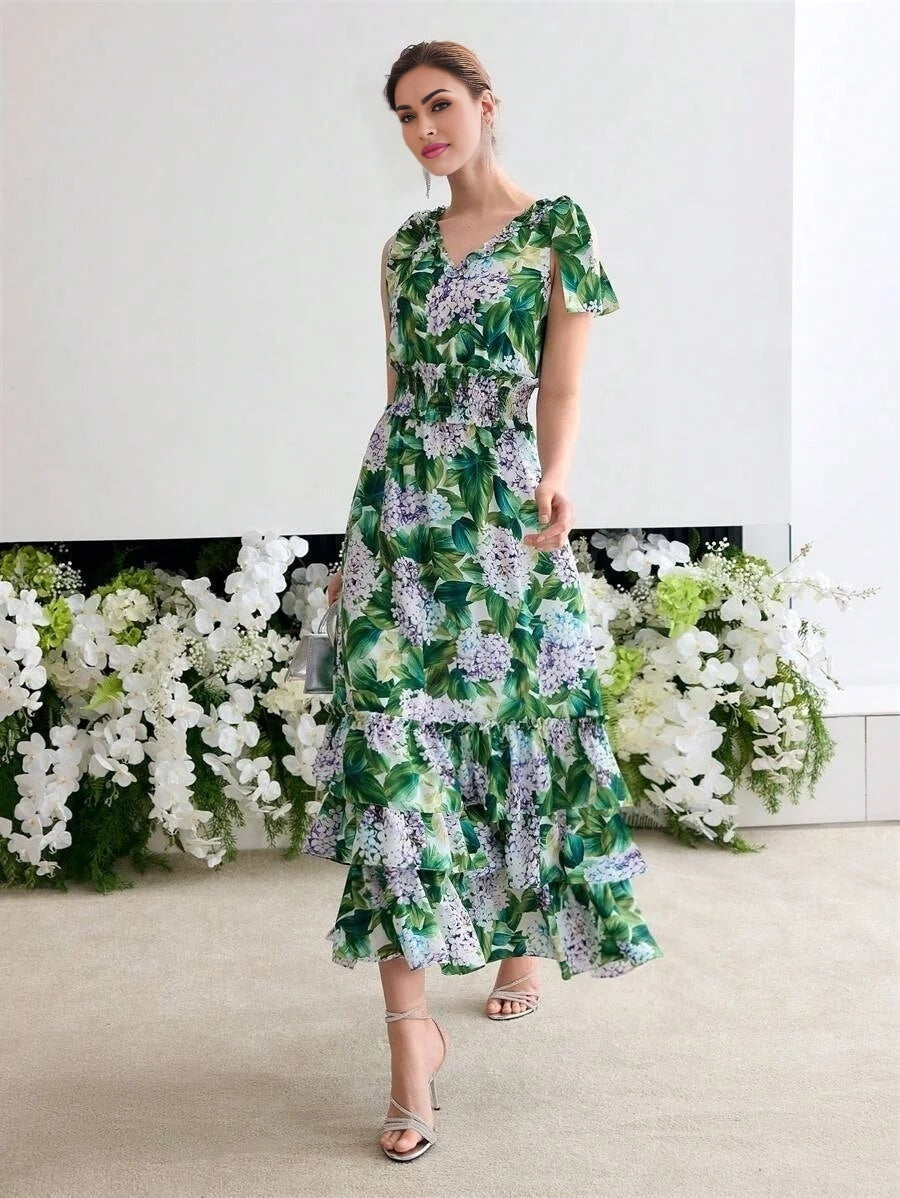 Soiréza FLORAL PRINT RUFFLE HEM COCKTAIL DRESS