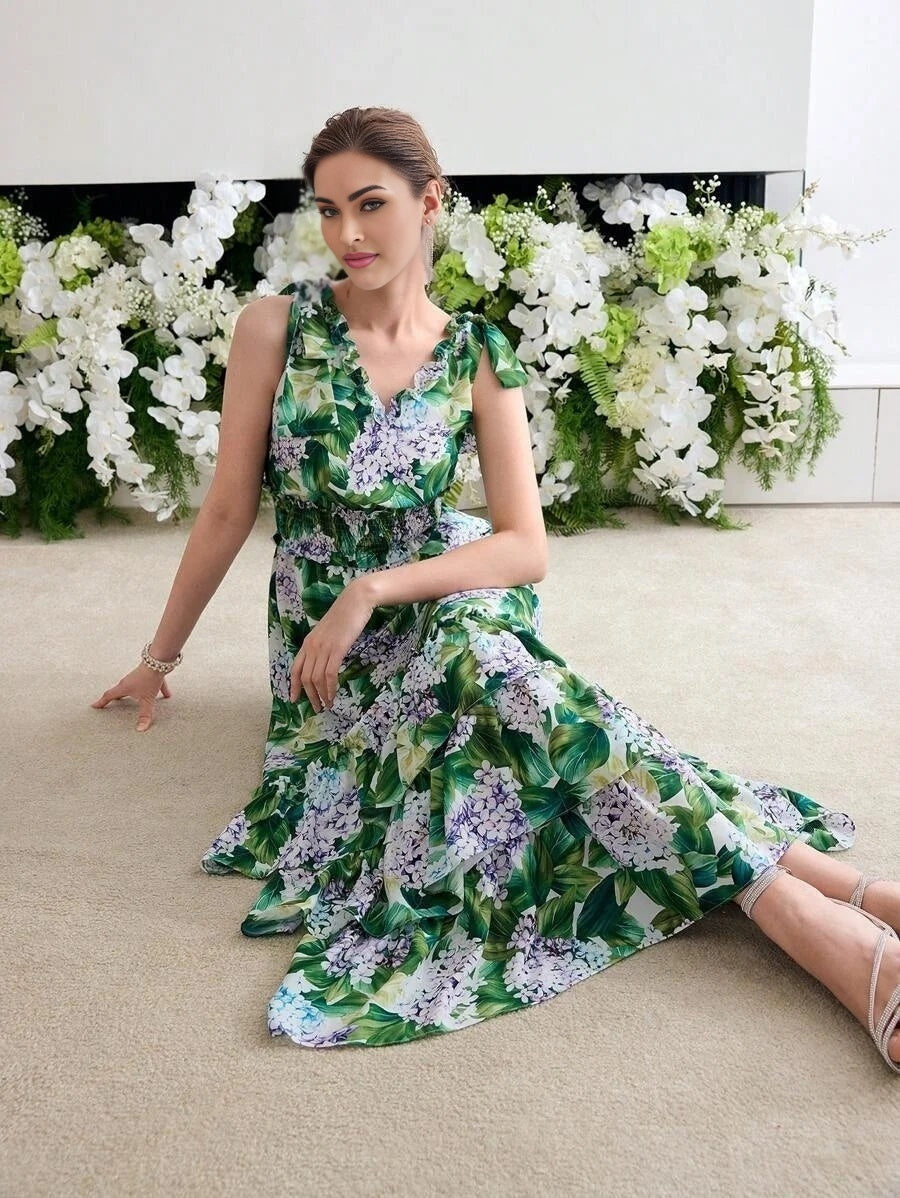 Soiréza FLORAL PRINT RUFFLE HEM COCKTAIL DRESS