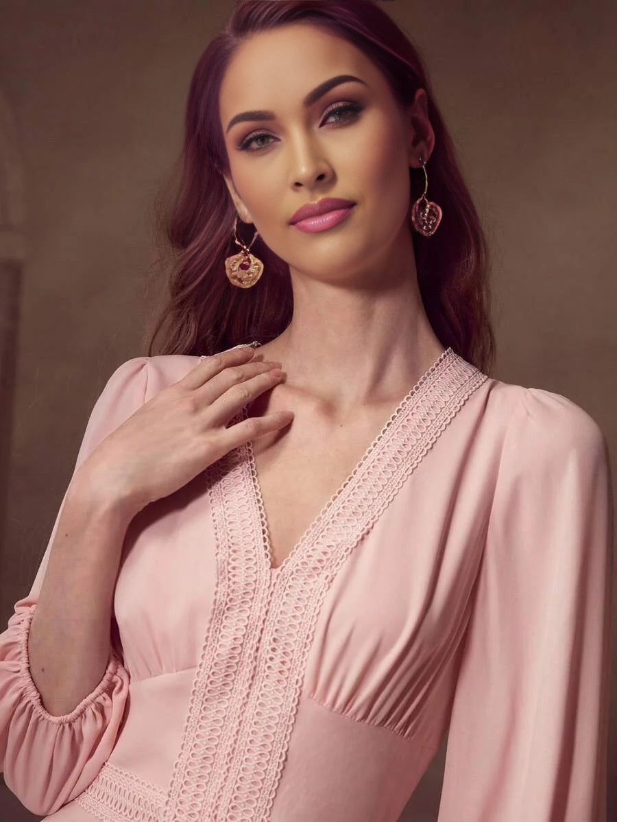 Soiréza FLOWY LANTERN SLEEVE LONG DRESS WITH WATERSOLUBLE LACE