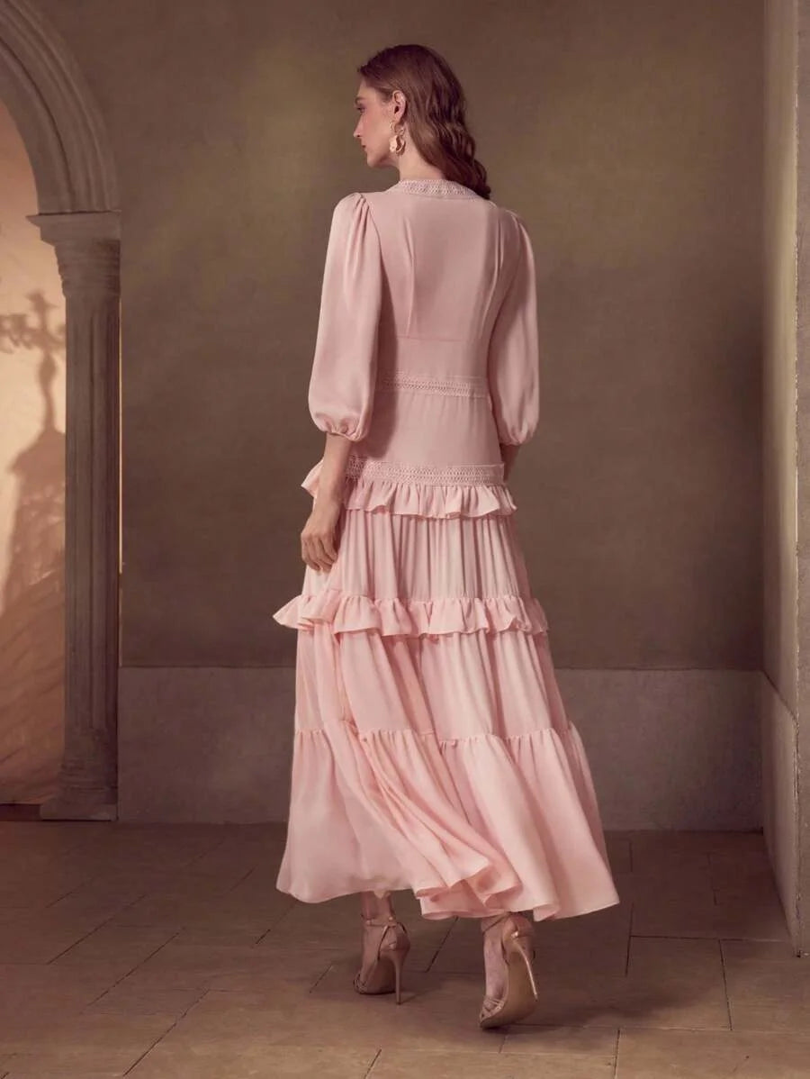 Soiréza FLOWY LANTERN SLEEVE LONG DRESS WITH WATERSOLUBLE LACE