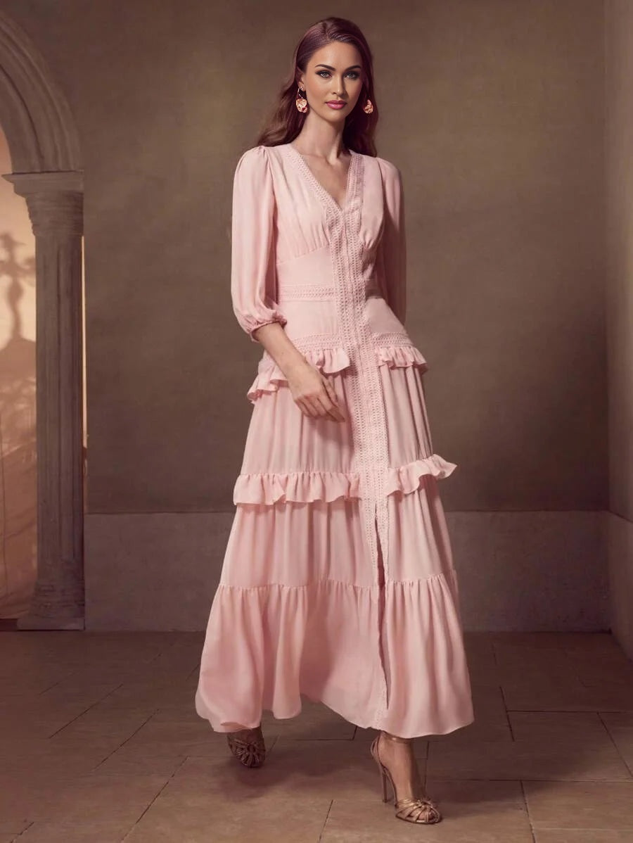 Soiréza FLOWY LANTERN SLEEVE LONG DRESS WITH WATERSOLUBLE LACE