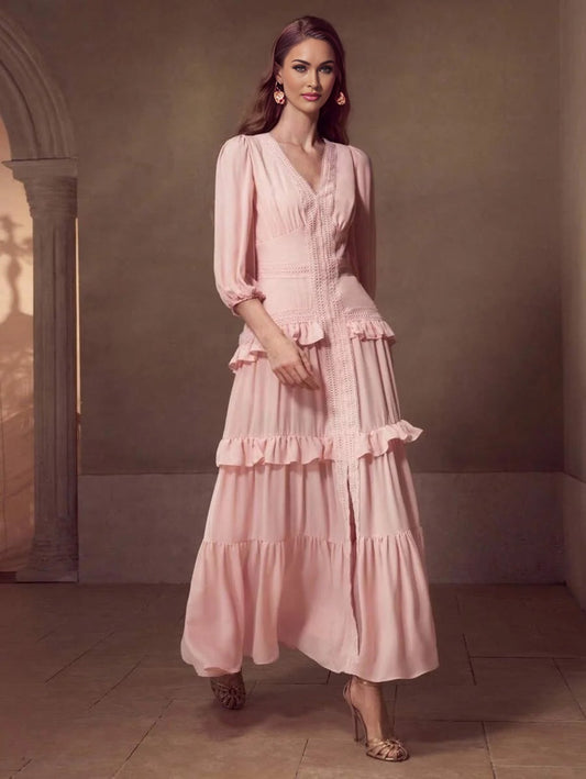 Soiréza FLOWY LANTERN SLEEVE LONG DRESS WITH WATERSOLUBLE LACE