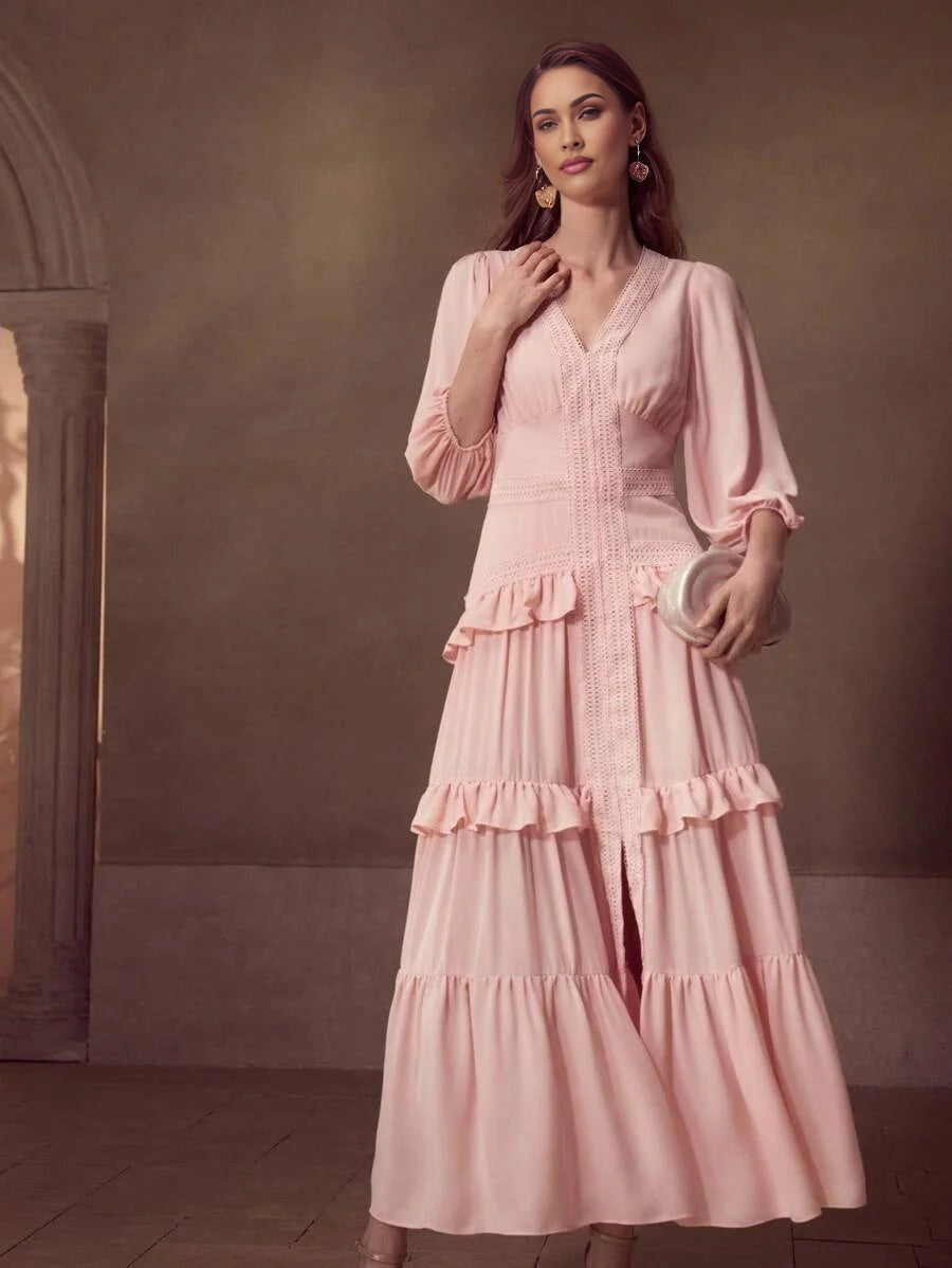 Soiréza FLOWY LANTERN SLEEVE LONG DRESS WITH WATERSOLUBLE LACE